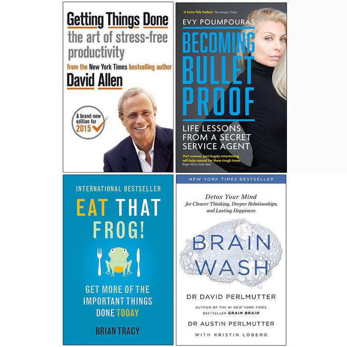 Getting Things Done, Becoming Bulletproof, Eat That Frog, Brain Wash 4 Books Collection Set