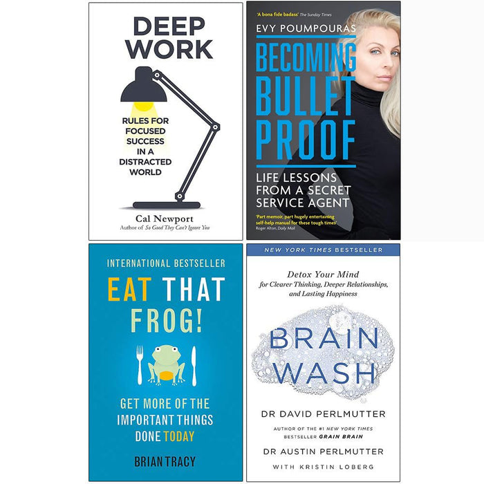 Deep Work, Becoming Bulletproof, Eat That Frog, Brain Wash 4 Books Collection Set