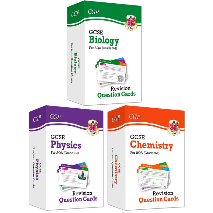 CGP GCSE 9-1 AQA Revision Question Cards 3 Books Collection Set (Biology, Physics, Chemistry)