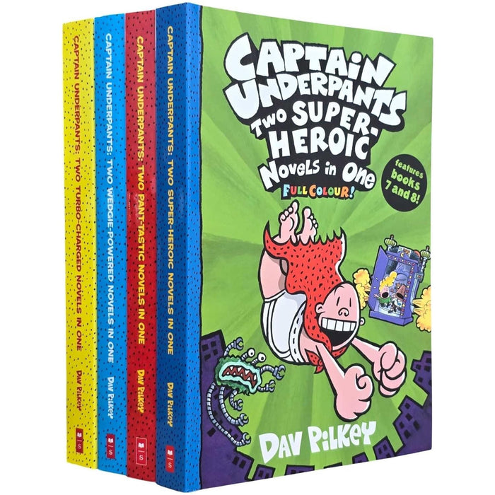 Captain Underpants Full Colour illustrated Series by Dav Pilkey 4 Books Collection Set (Two Pant-tastic Book 1-2, Two Wedgie-Powered Book 3-4, Two Turbo-Charged Book 5-6 and Two Super-Heroic Book 7-8)