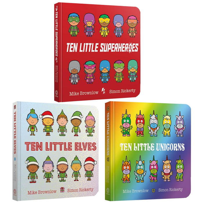 Ten Little Board Book Collection 3 Books Set By Mike Brownlow (Superheroes, Elves & Unicorns)