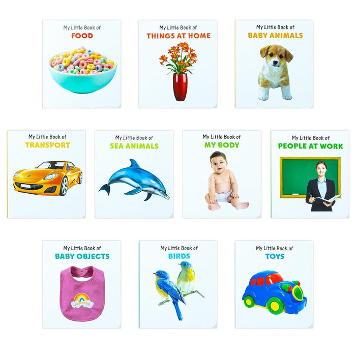 My Little Library 10 Books Set Collection(Toys, Food,Things at home, Baby objects, Sea Animals, Birds, People at Work, My Body, Transport, Baby Animals) Hardcover