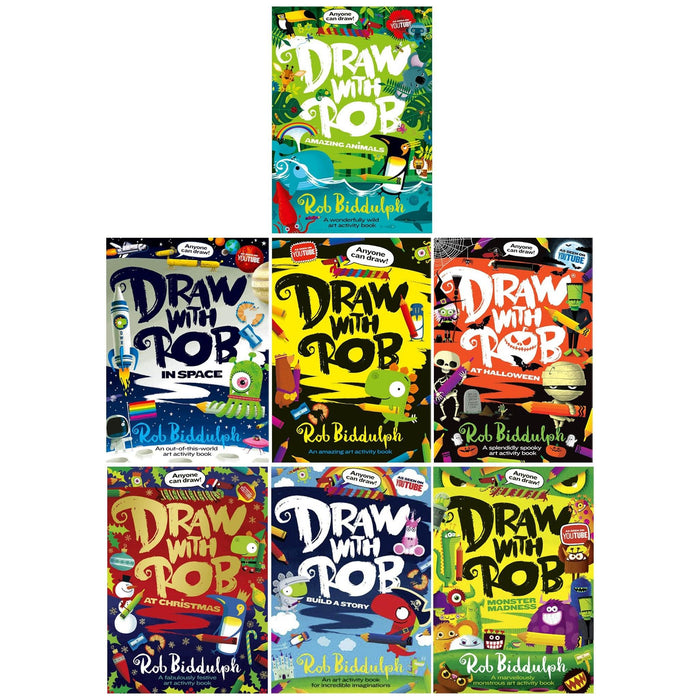 Draw With Rob Series 7 Books Collection Set (Draw With Rob, Draw with Rob at Christmas, Build a Story, Monster Madness, Amazing Animals, at Halloween and In Space)