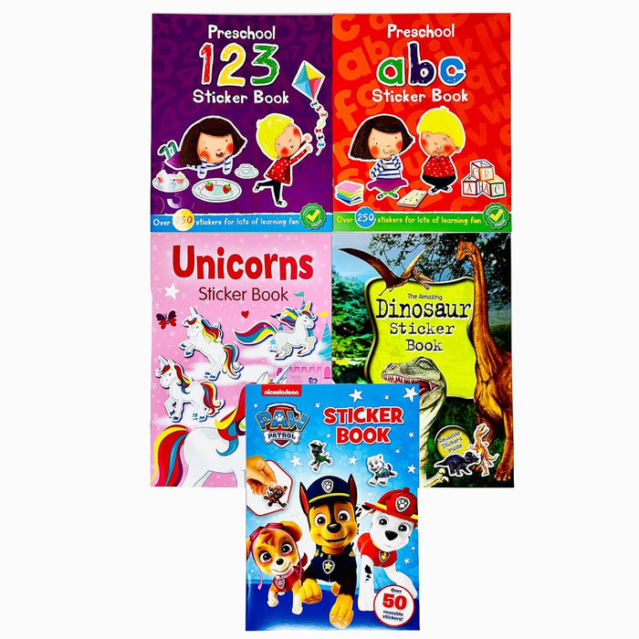 Dinosaur Sticker, ABC Preschool,Paw Patrol, Unicorns, 123 Preschool 5 Books Set