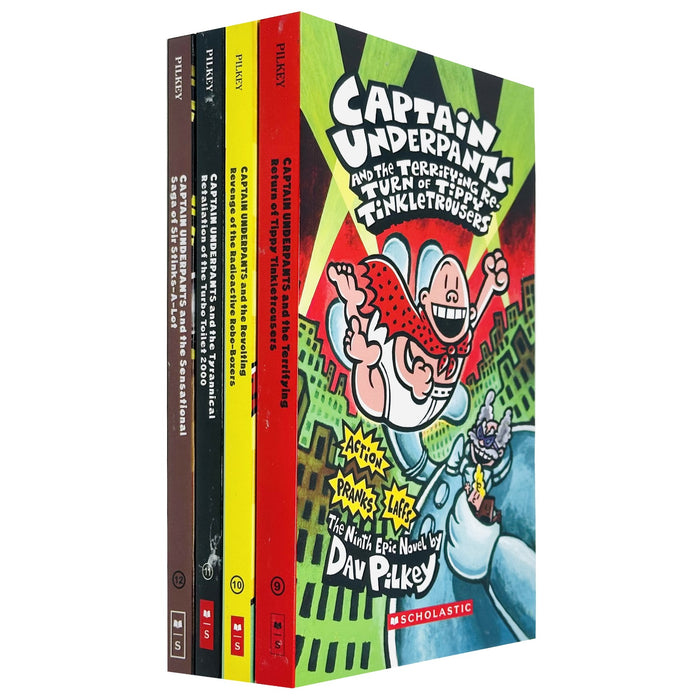 Captain Underpants Series 9-12: 4 Books Collection Set By Dav Pilkey(Terrifying Return of Tippy Tinkletrousers)