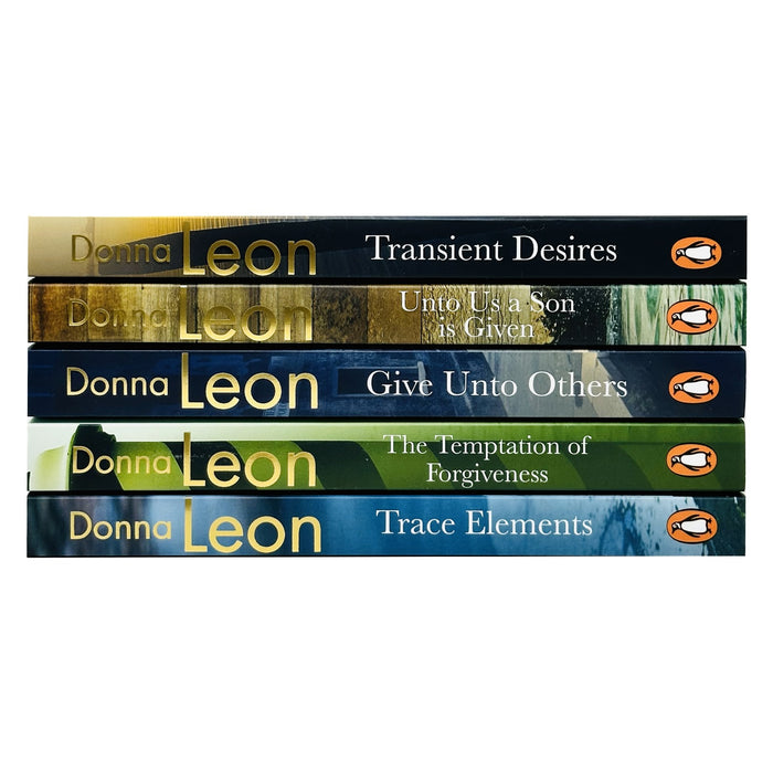 Donna Leon Commissario Brunetti Mysteries 5 Books Set (Give Unto Others, The Temptation of Forgiveness, Unto us a Son is Given, Trace Elements, Transient Desires)