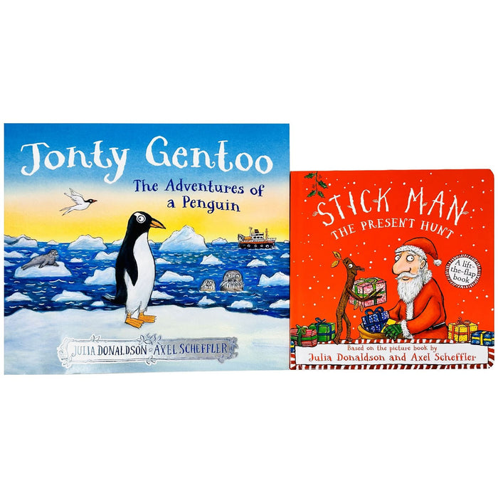 Julia Donaldson Collection 2 Books Set (Stick Man Present Hunt,Jonty Gentoo (HB))