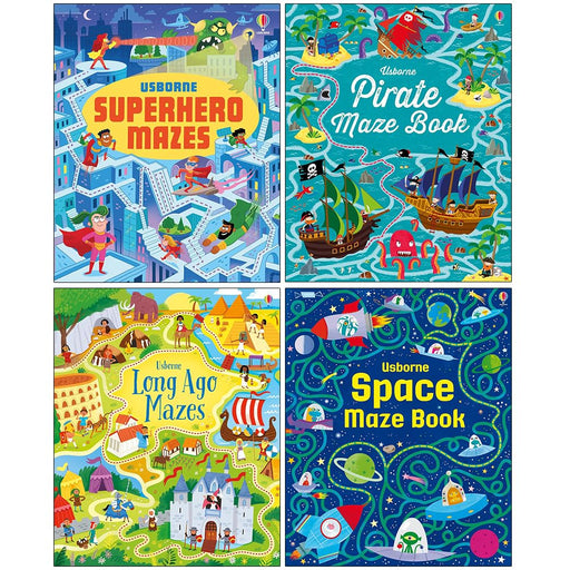 Usborne Maze Series 4 Books Collection Set by Sam Smith & Kirsteen Robson(Superhero Mazes, Pirate Maze Book, Long Ago Mazes & Space Maze Book) - The Book Bundle