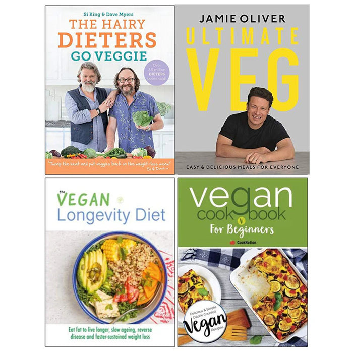 The Hairy Dieters Go Veggie, Ultimate Veg Jamie Oliver [Hardcover], The Vegan Longevity Diet, Vegan Cookbook for Beginners 4 Books Collection Set