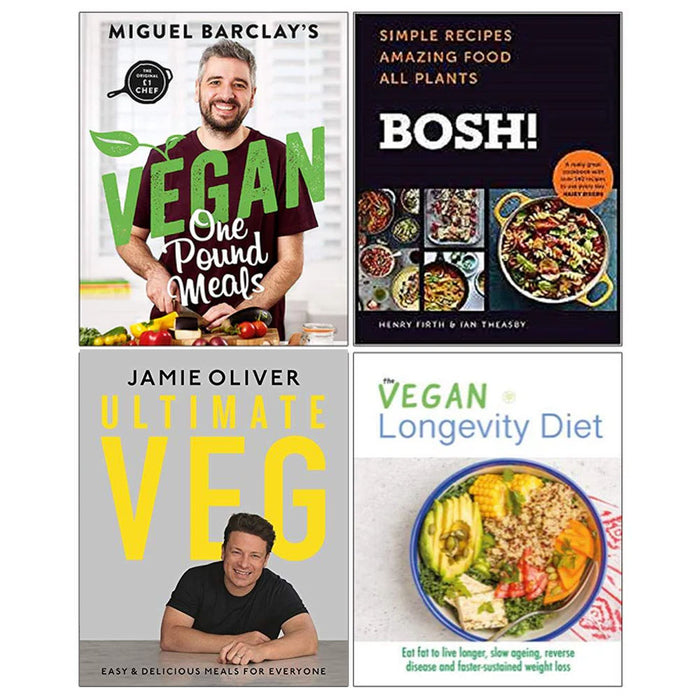 Vegan One Pound Meals, Bosh Simple Recipes, Ultimate Veg Jamie Oliver, The Vegan Longevity Diet 4 Books Collection Set