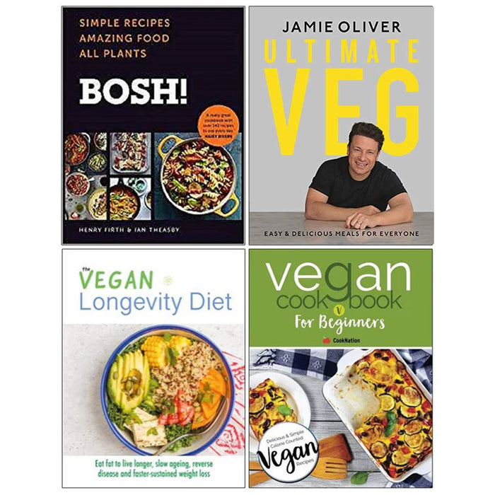 Bosh Simple Recipes [Hardcover],  Ultimate Jamie Oliver [Hardcover], The Vegan Longevity Diet, Vegan Cookbook For Beginners 4 Books Collection Set