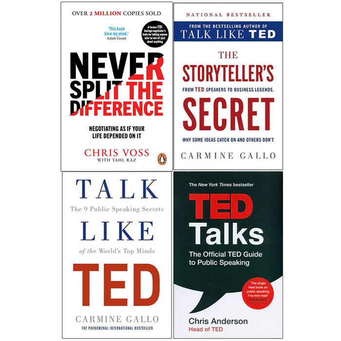 Never Split The Difference, The Storyteller's Secret [Hardcover], Talk Like TED, TED Talks 4 Books Collection Set