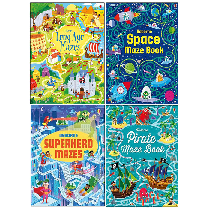 Usborne Maze Series 4 Books Collection Set by Sam Smith & Kirsteen Robson(Superhero Mazes, Pirate Maze Book, Long Ago Mazes & Space Maze Book) - The Book Bundle