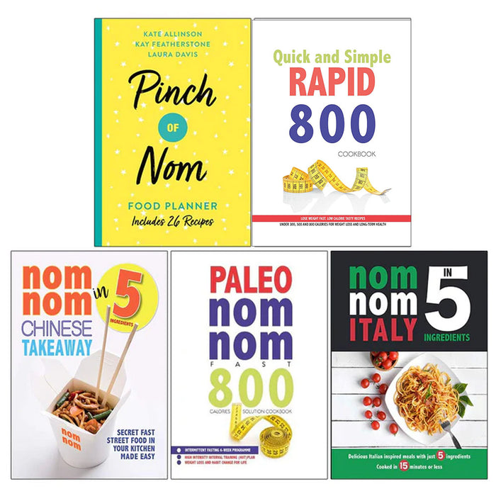 Pinch of Nom Food Planner, Quick and Simple RAPID 800, Nom Nom Chinese Takeaway, Paleo Nom Nom Fast 800 Cookbook, Nom Nom Italy In 5 Ingredients 5 Books Collection Set