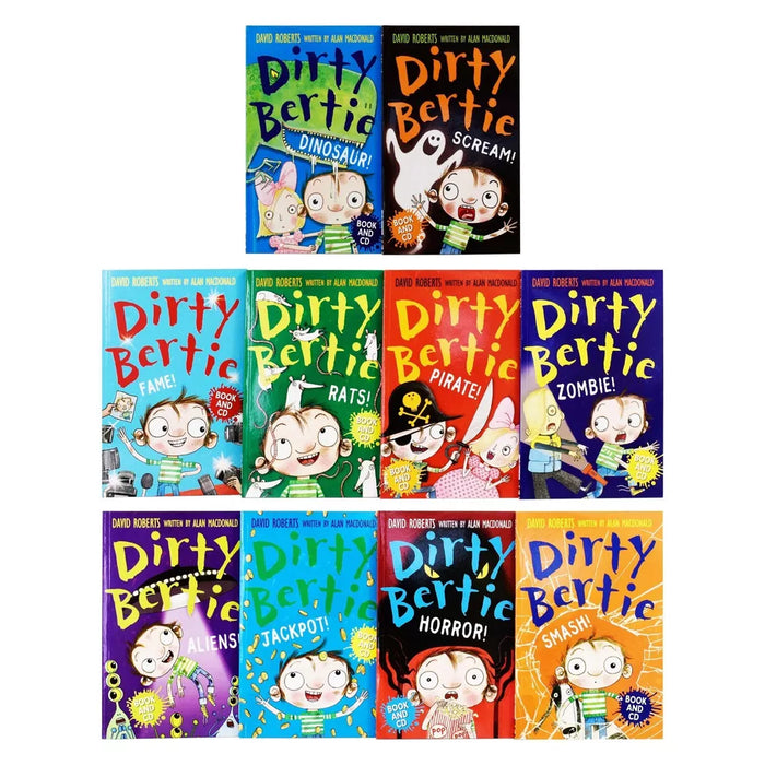 Dirty Bertie Collection 10 Books & CD Set by  Alan MacDonald (Zombie, Pirate, Rats, Fame, Smash, Horror, Jackpot, Aliens, Scream & Dinosaur)