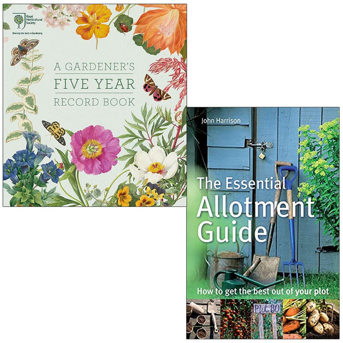 RHS A Gardener's Five Year Record Book By RHS & The Essential Allotment Guide By John Harrison 2 Books Collection Set - The Book Bundle